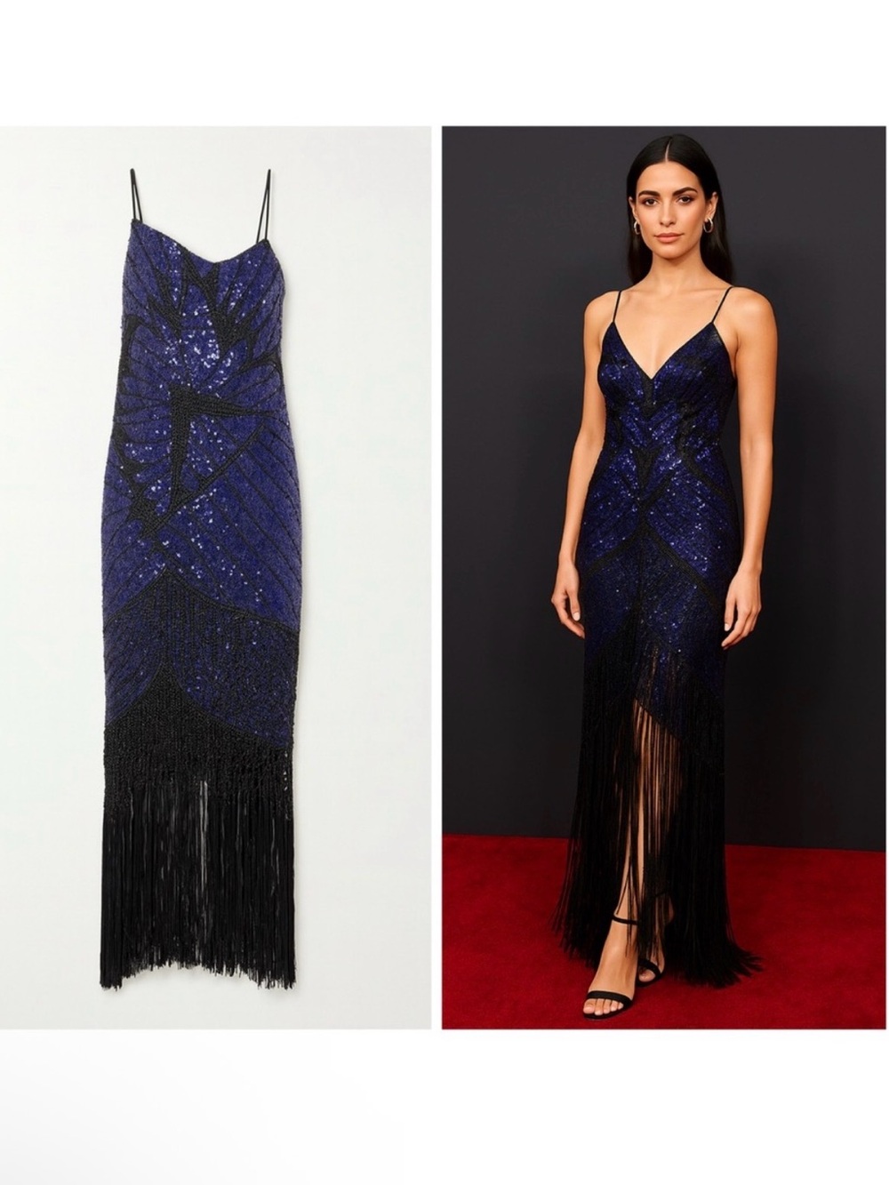 Conner Ives Purple Black Sequin Silk Gown Black Fringe Demi-Couture Large NWT ⚪️